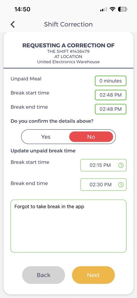 Correcting break times through the shift correction survey