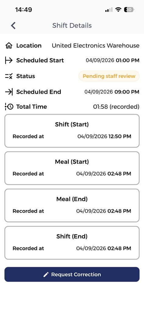 Shift Details showing recorded times and Request Correction button