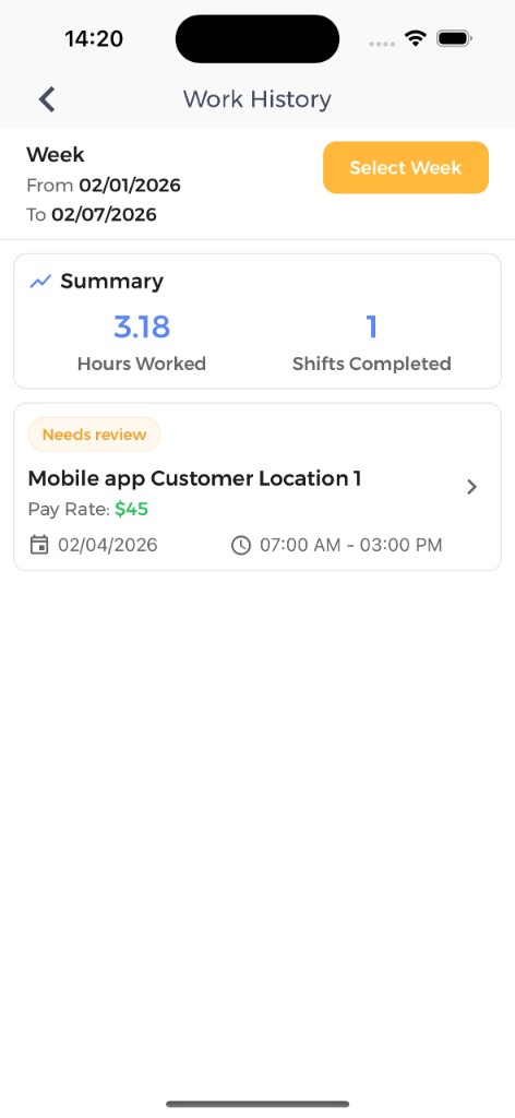 Work History showing weekly summary and shift status