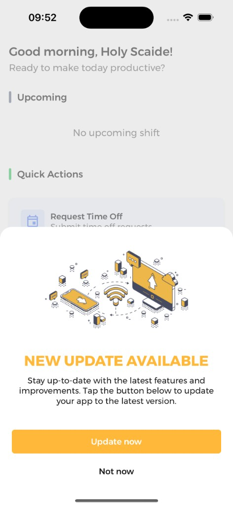In-app update pop-up — tap "Update now" to go to the app store
