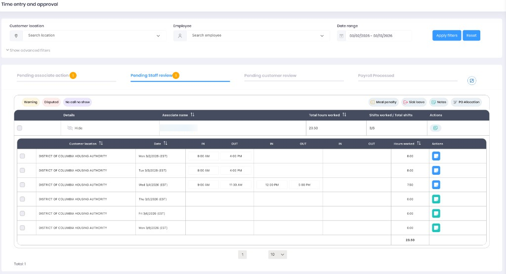 Pending Staff Review tab showing submitted timecards under review
