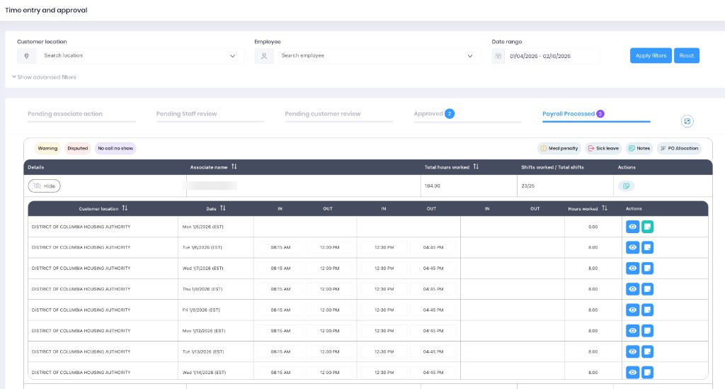 Payroll Processed tab showing historical timecard records across multiple weeks