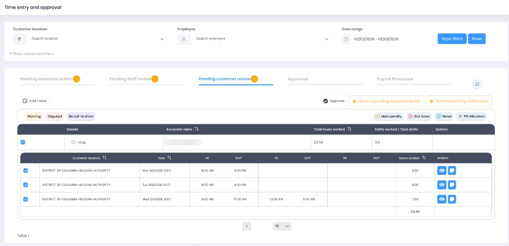 Pending Customer Review tab showing approve action and expanded timecard details