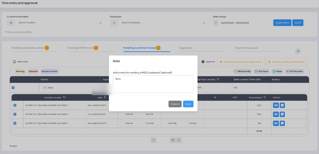 Note dialog when sending timecards back — a note is required to explain the issue